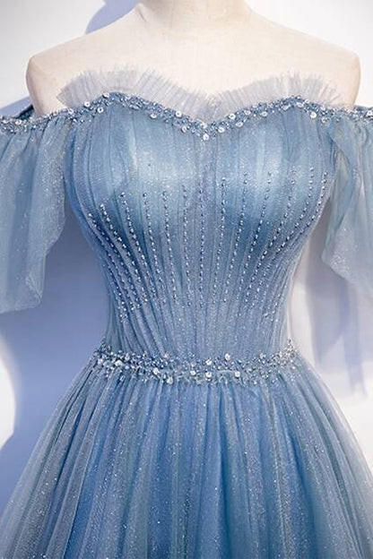Simple Blue A-line Off the Shoulder Long Prom Dress