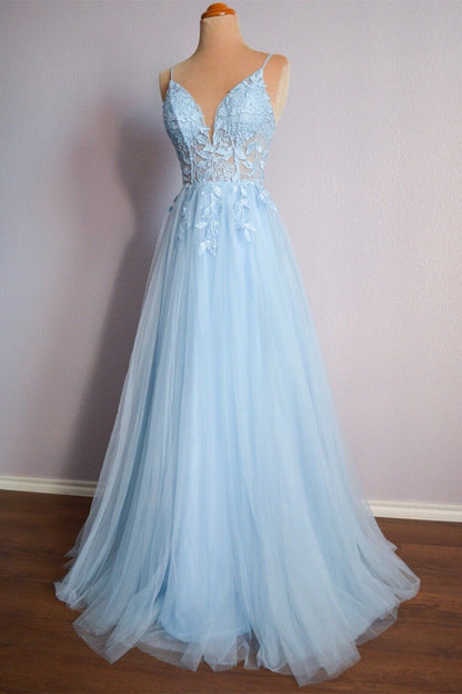 Straps Light Blue Tulle and Lace Appliques Long Formal Dress