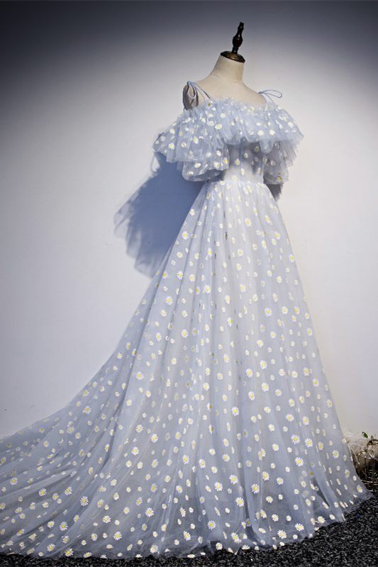 Daisy Floral A-line Long Light Blue Formal Dress