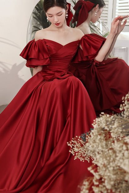 Red Ball Gown with Bell Sleeves and Lace UP Back