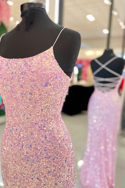 Pink Sequins Mermaid Long Formal Dress with Slit