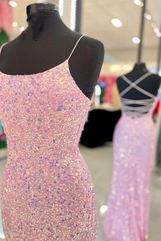 Pink Sequins Mermaid Long Formal Dress with Slit