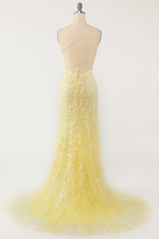 Mermaid Yellow Lace Appliques Long Formal Dress