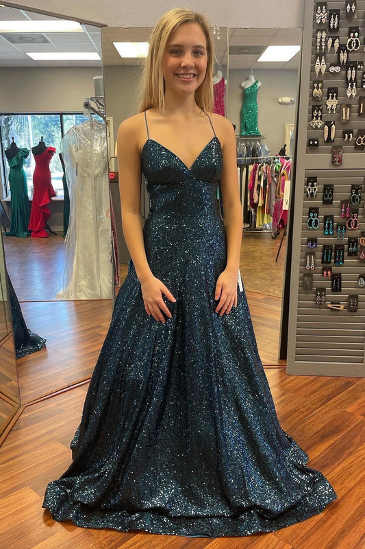 Navy Sequin Straps A-line Long Formal Dress with Straps