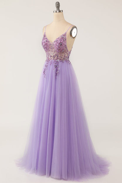 Light Purple A-line Beaded Long Formal Dress