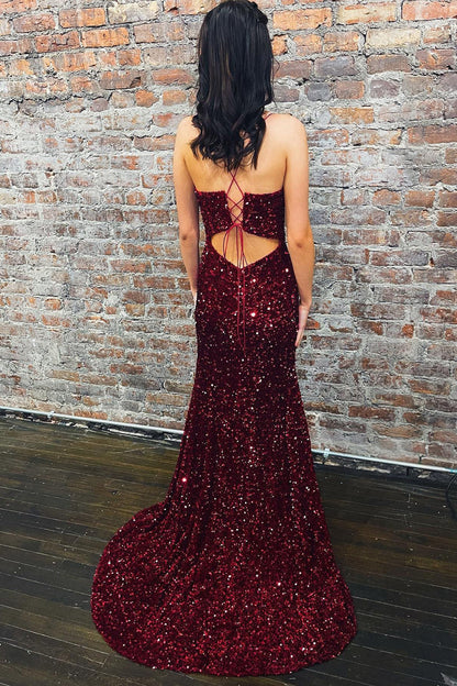 Wine Red Sequin Straps Mermaid Long Prom Dress