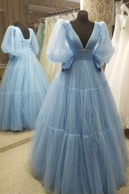 Blue Empire A-line Puffy Long Sleeves Ball Gown