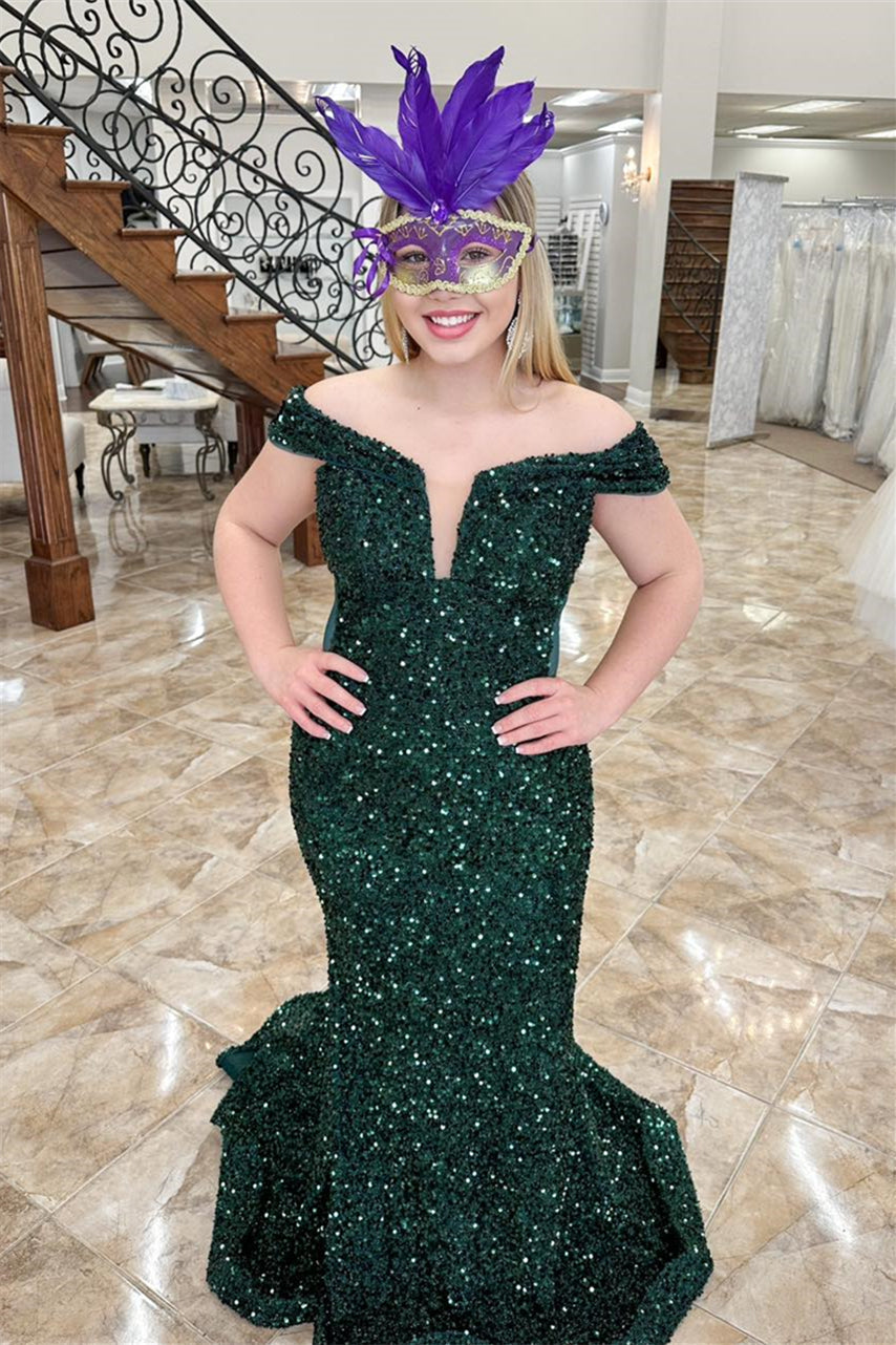 Off the Shoulder Dark Green Sequin Mermaid Long Formal Dress