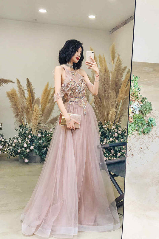 Delicated Champagne Beaded Long Formal Dress with Open Back