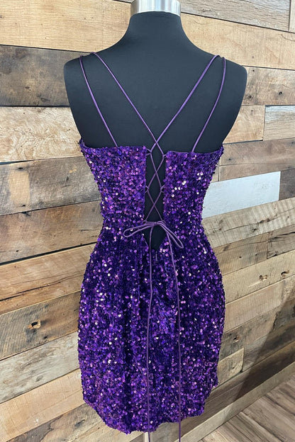 Purple Sequin Straps Tight Mini Party Dress