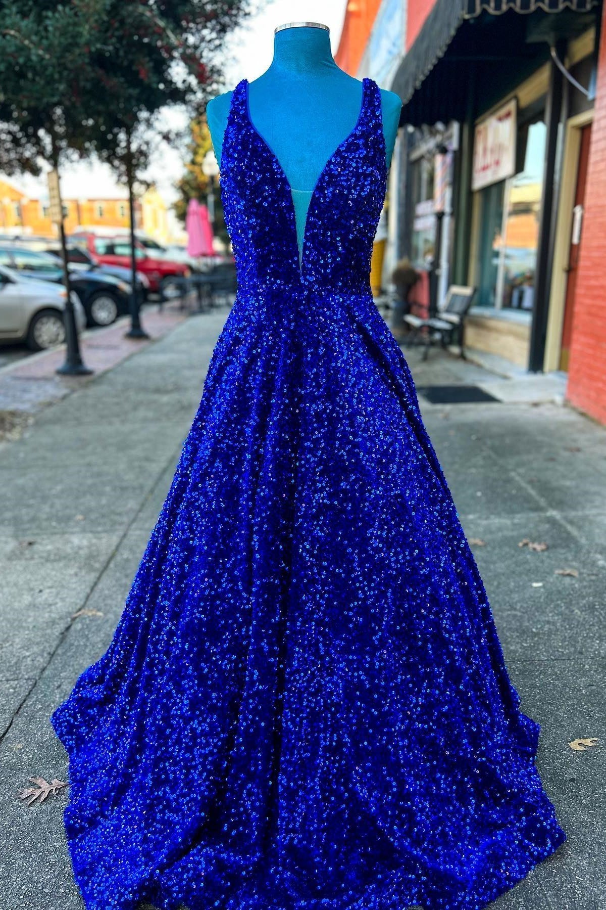 A-line Royal Blue Sequin V Neck Long Prom Dress