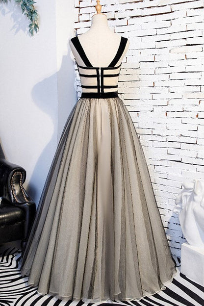 A-line Black Floral Long Formal Dress