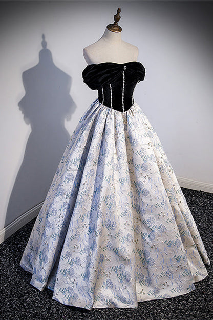 Off the Shoulder Black and Floral Long Formal Gown