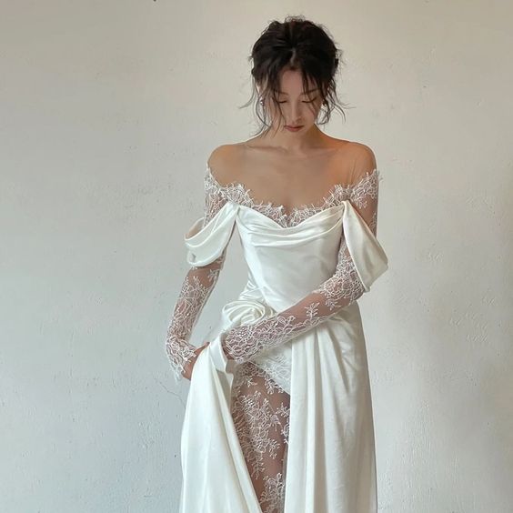 PM544,Ivory Lace Satin Wedding Dresses, Off The Shoulder Bridal Dresses