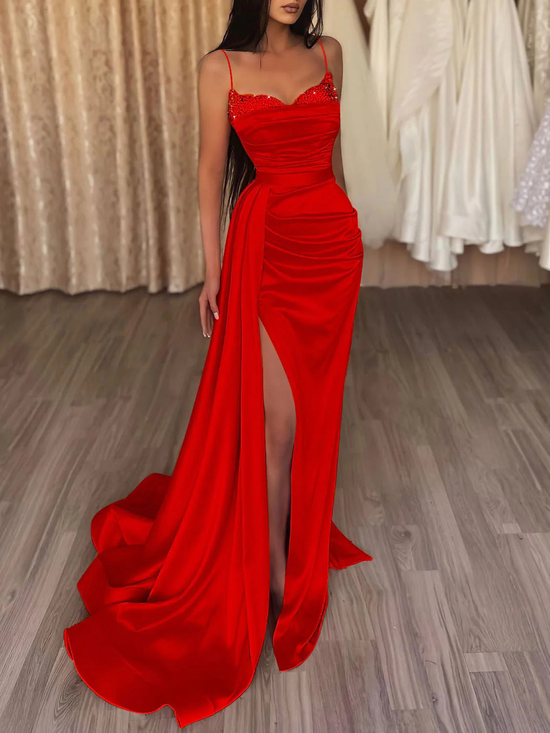 Spaghetti Straps Red Satin Long Prom Dresses