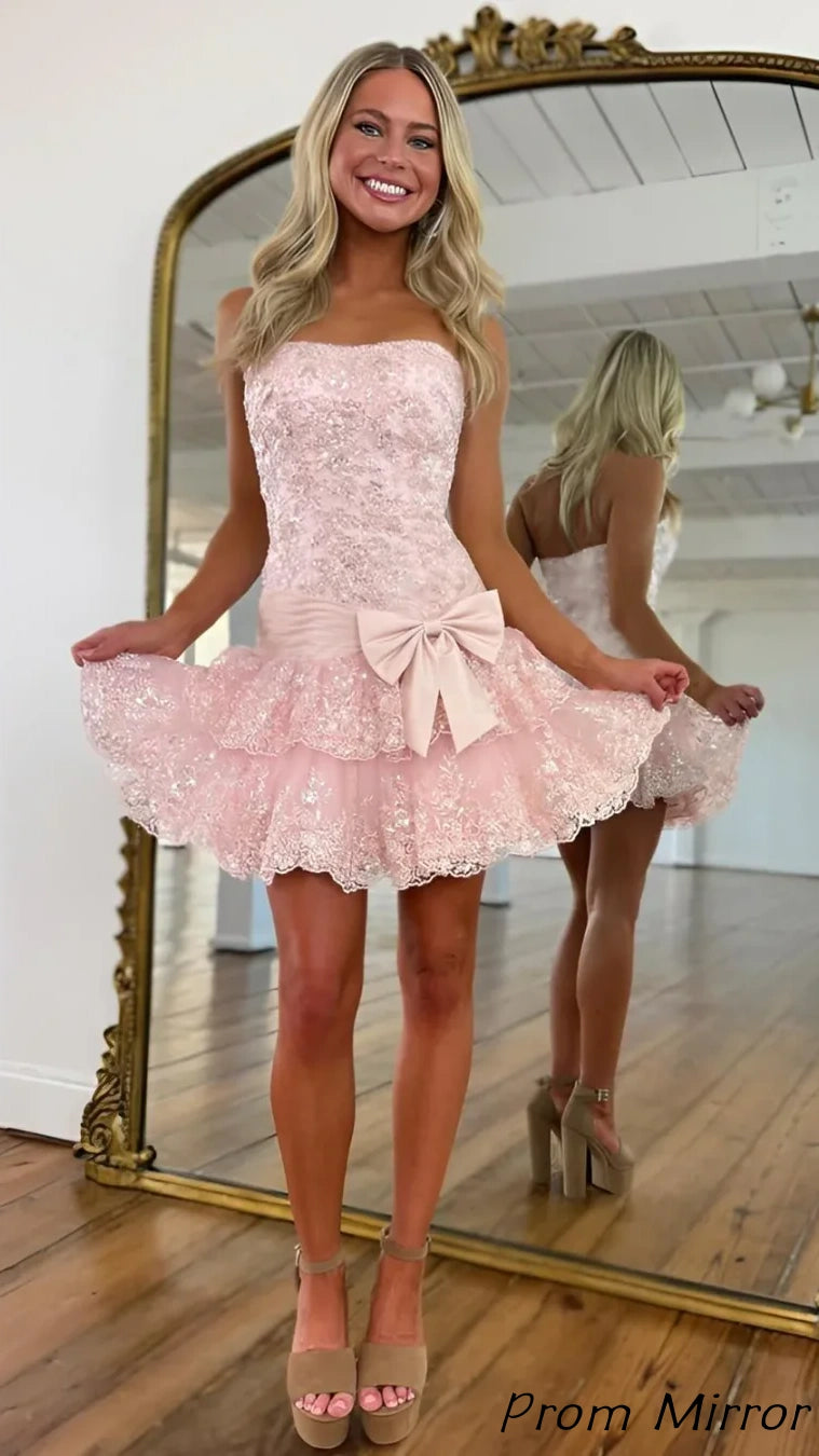 Flirty Blue Strapless Homecoming Dress Mini Sleeveless Applique with Bow
