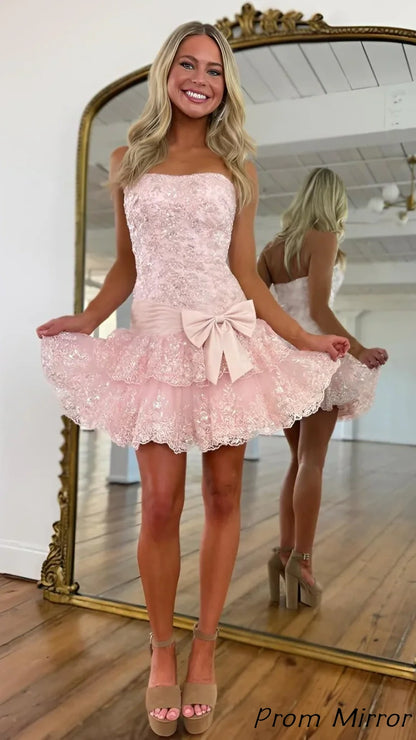 Flirty Blue Strapless Homecoming Dress Mini Sleeveless Applique with Bow