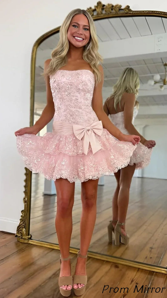 Flirty Blue Strapless Homecoming Dress Mini Sleeveless Applique with Bow