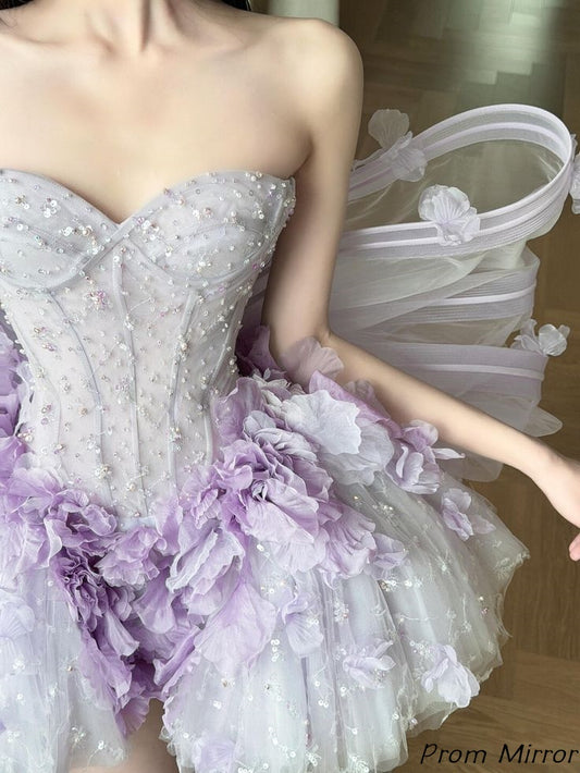 Cute Lilac Sweetheart Beaded Floral Homecoming Dresses