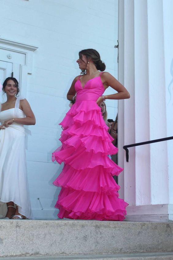 PM551,Hot Pink Straps Ruffles Long Prom Evening Dresses