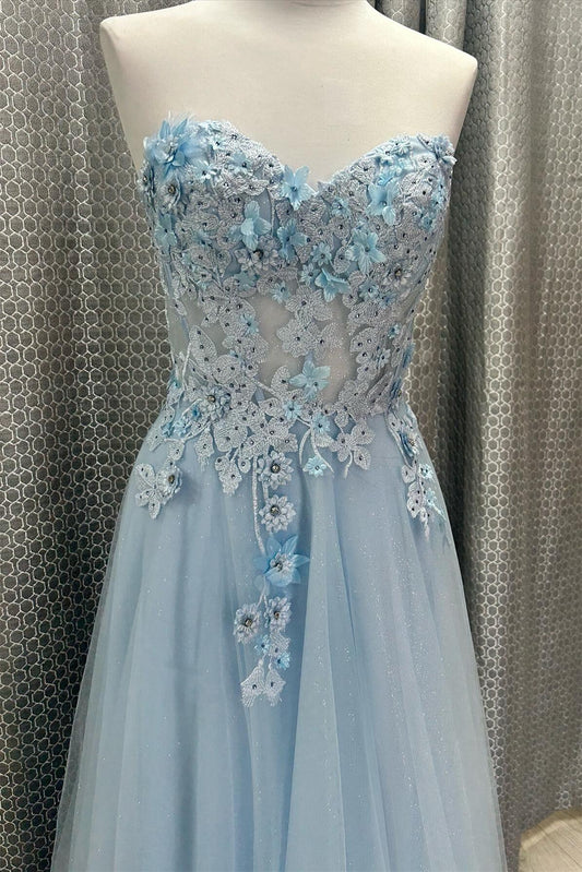 Sweetheart Light Blue Appliques Long Prom Dress