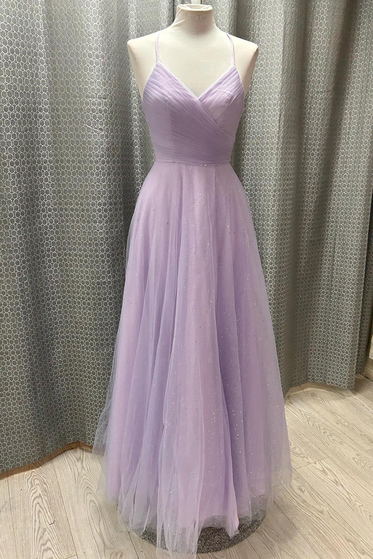 Straps Lavender Tulle Pleated Prom Dress