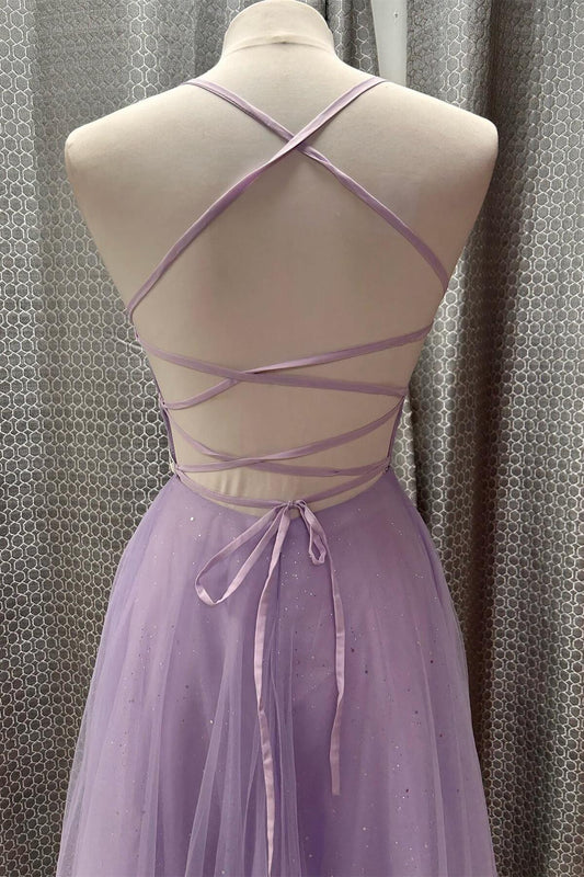 Straps Lavender Tulle Pleated Prom Dress