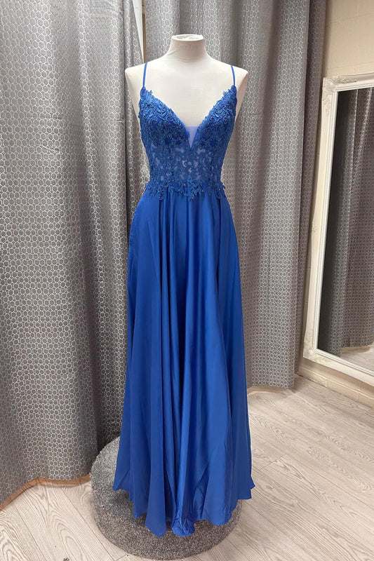 Straps Royal Blue Lace Appliques A-line Prom Dress