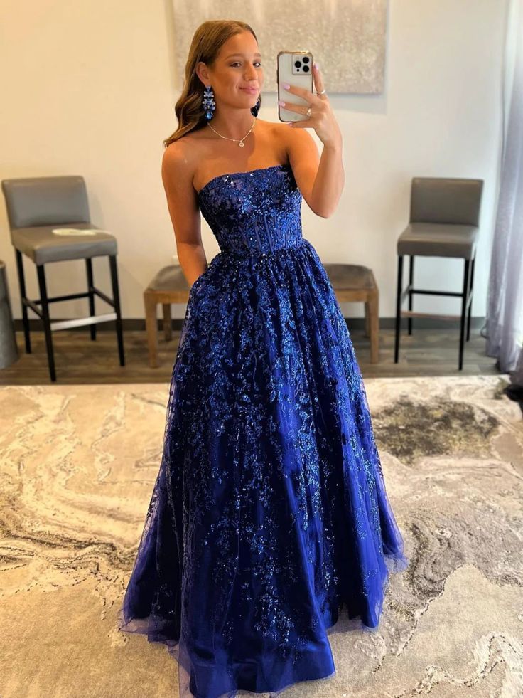 Blue Strapless A-Line Lace Sequins Long Prom Dress, Senior Party Dress