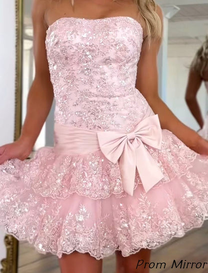 Flirty Blue Strapless Homecoming Dress Mini Sleeveless Applique with Bow