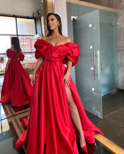 A-Line Satin Red Prom Dresses, Long Evening Party Gown