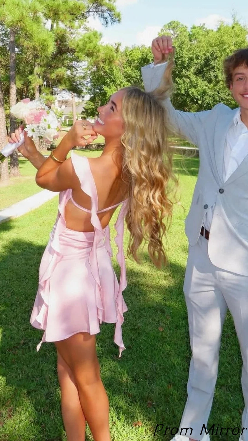Cute Light Pink Chiffon Homecoming Dress With Ruffles