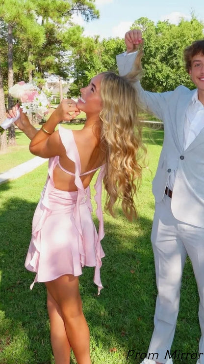 Cute Light Pink Chiffon Homecoming Dress With Ruffles