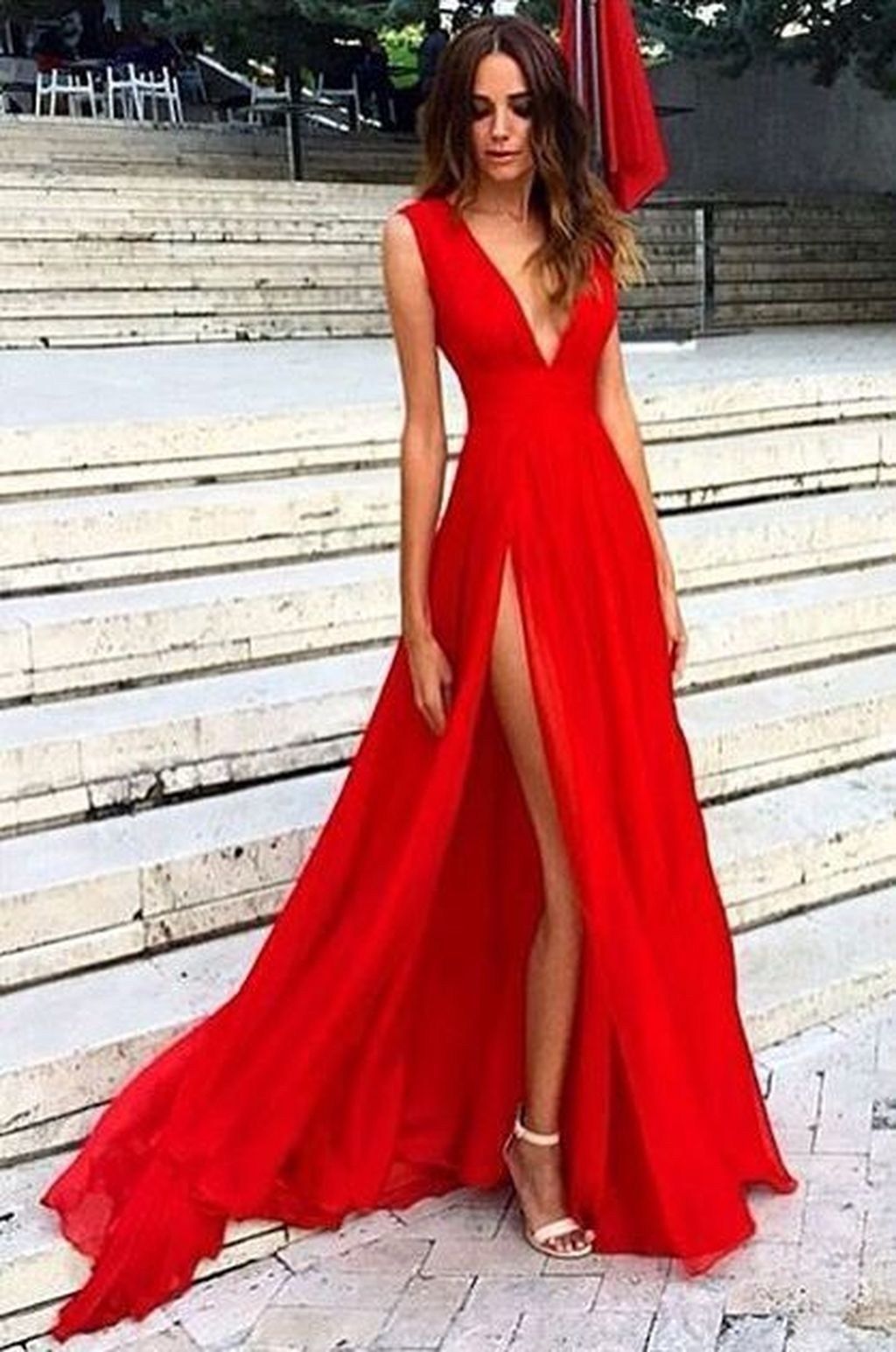 Sexy Red Chiffon V-Neck Long Prom Dress With Side Split