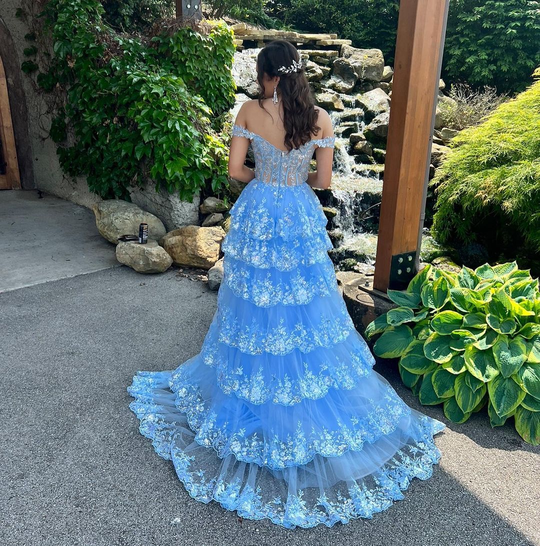 Luxury Off The Shoulder Layers Split Prom Evening Dress
