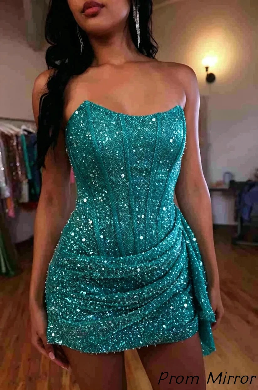 Fashion Party Dresses Strapless Bodycon Homecoming Dress Sequined Mini Formal Gown