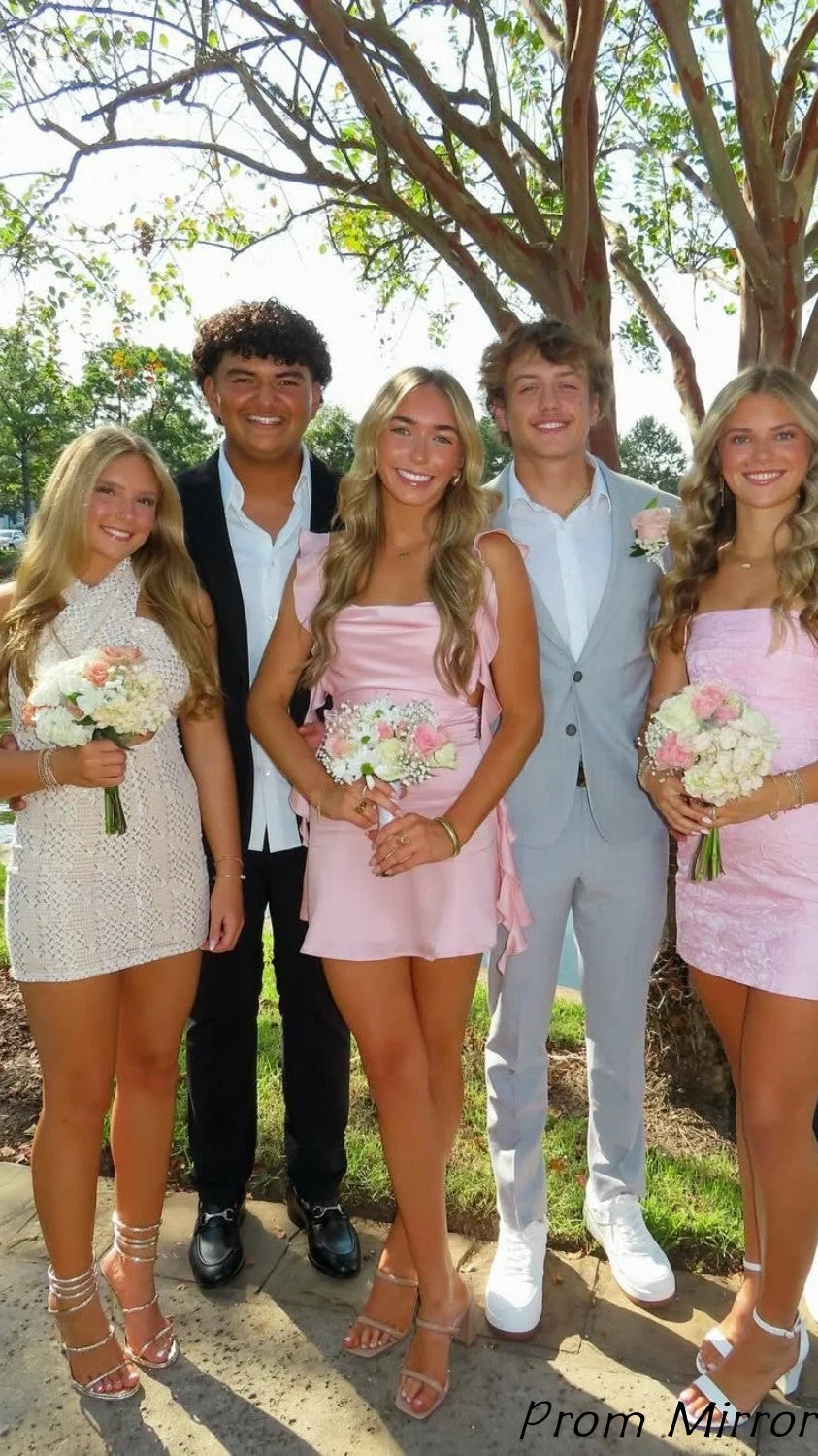 Cute Light Pink Chiffon Homecoming Dress With Ruffles