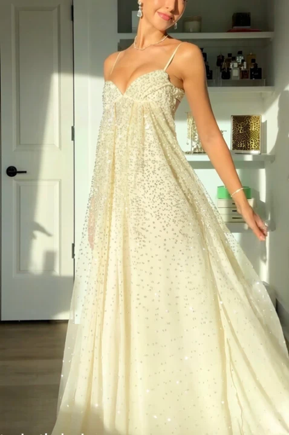 Bling A Line Spaghetti Straps Grey Blue Long Party Dress with Beading