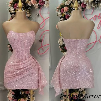 Cute Pink Strapless Bodycon Sequins Homecoming Dress