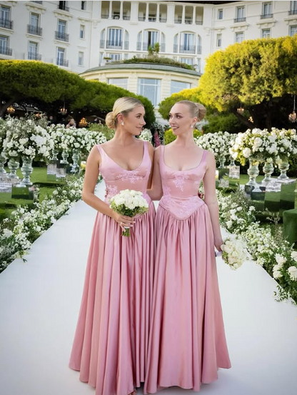 Elegant A Line V Neckline Floor-Length Satin Long Pink Evening Dress Prom Dresses
