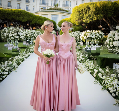 Elegant A Line V Neckline Floor-Length Satin Long Pink Evening Dress Prom Dresses