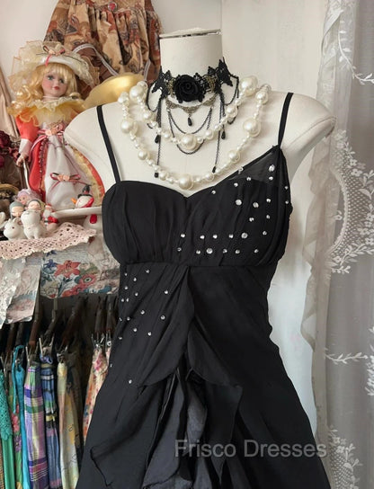 Elegant Black Spaghetti Strap Mermaid Chiffon Formal Prom Dress