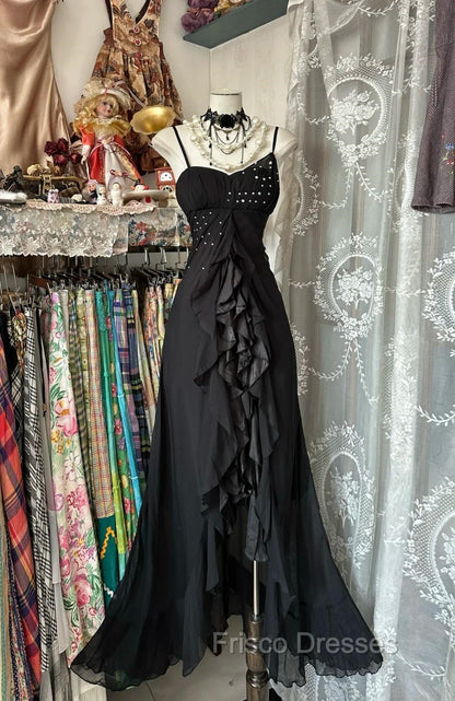 Elegant Black Spaghetti Strap Mermaid Chiffon Formal Prom Dress