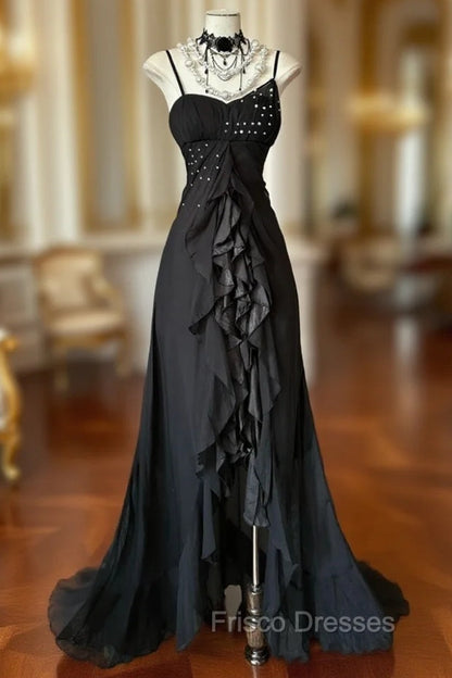 Elegant Black Spaghetti Strap Mermaid Chiffon Formal Prom Dress