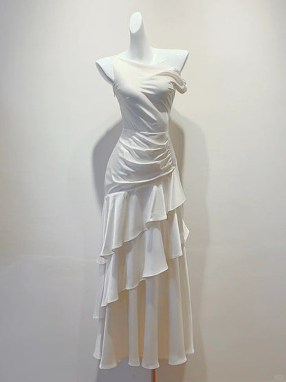 Elegant White Mermaid Ruffle Satin Prom Dress Evening Dress Bridesmaid Dress