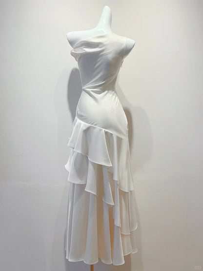 Elegant White Mermaid Ruffle Satin Prom Dress Evening Dress Bridesmaid Dress