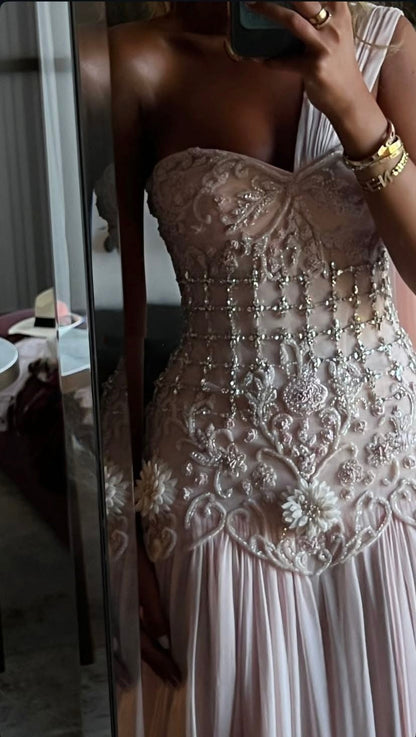 Exquisite Mermaid One Shoulder Pink Chiffon With Silver Beaded Prom Dresses Long Party Dress 18Th Birthday Outfits Prom Gown