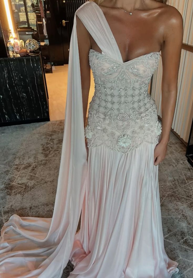 Exquisite Mermaid One Shoulder Pink Chiffon With Silver Beaded Prom Dresses Long Party Dress 18Th Birthday Outfits Prom Gown