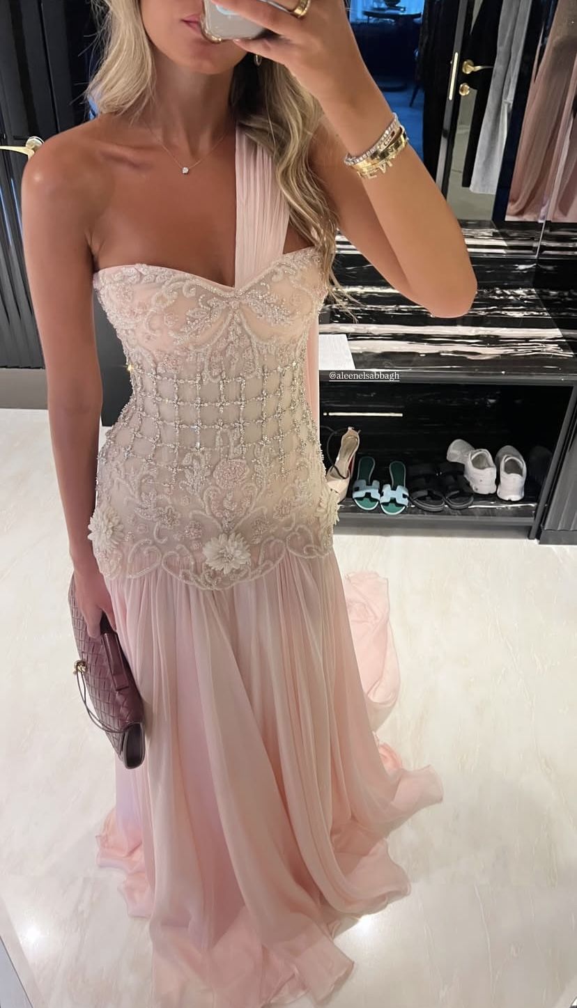 Exquisite Mermaid One Shoulder Pink Chiffon With Silver Beaded Prom Dresses Long Party Dress 18Th Birthday Outfits Prom Gown