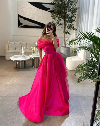 Off The Shoulder Hot Pink A-Line Evening Prom Dress